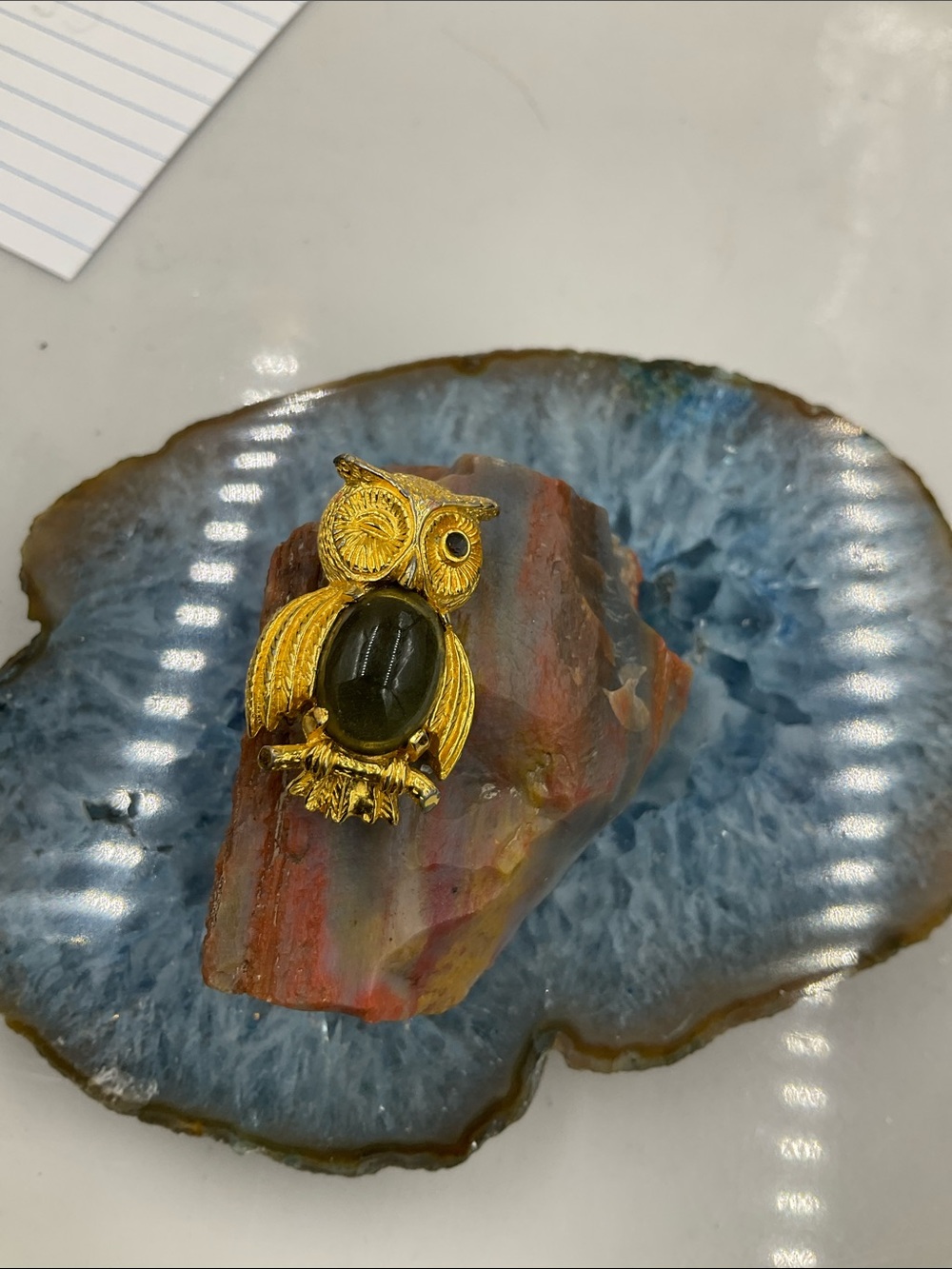Vtg.CastleCliff Gold JellyBelly Winking Owl Brooch With Light Gray Oval Cabochon - Picture 2 of 8
